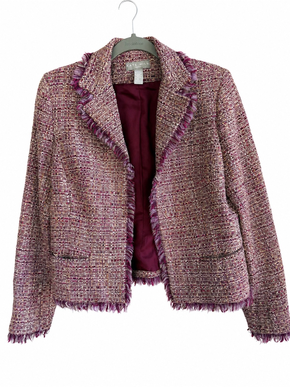 Kate Hill Petite Tweed Bouclé Blazer Jacket Wool Blend Size 8P Fringe - Picture 2 of 6